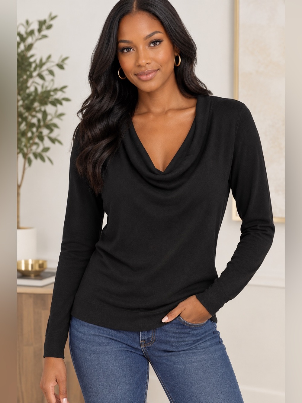 Calvin Klein Black Draped Cowl Neck Sweater